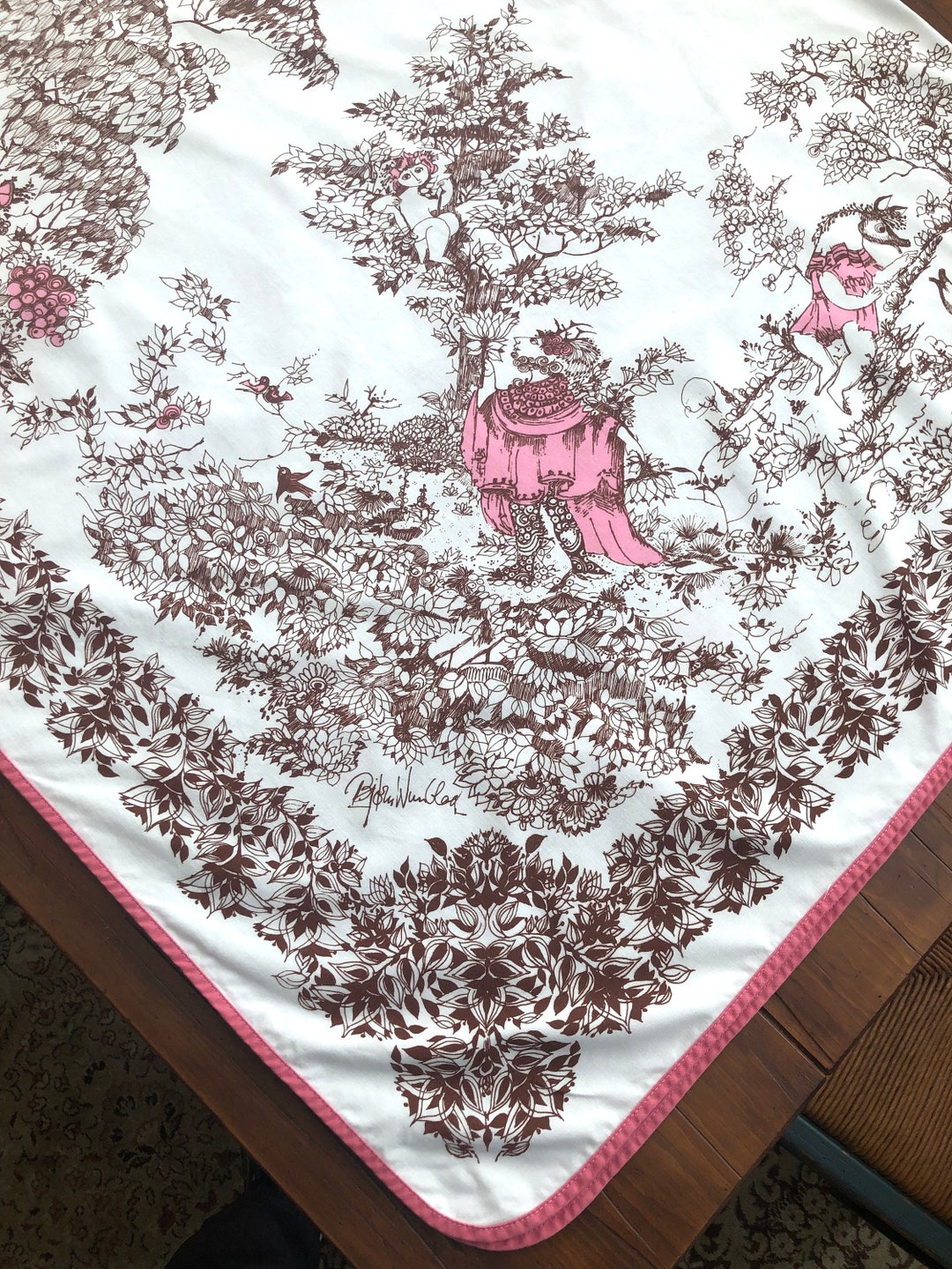 Vintage Bjørn Wiinblad Tablecloth: Danish MCM Textile, Pink