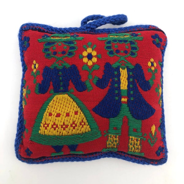 Vintage Scandinavian Folk Art Pin Cushion - Embroidered Cotton Sewing Accessory - Sewing Room Decor - Folk Art