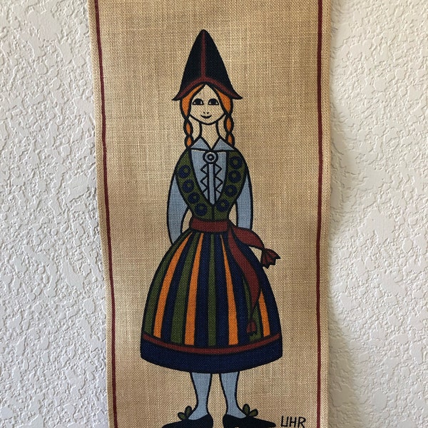 Swedish Wall Hanging UHR Burlap/Jute 1960's Young Girl in Swedish  National Costume