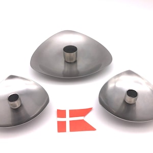 Danish Stelton Candle Holders - Set of 3 Stainless Steel Candlestick holders Sloped Triangular Shape - Mid Century Design