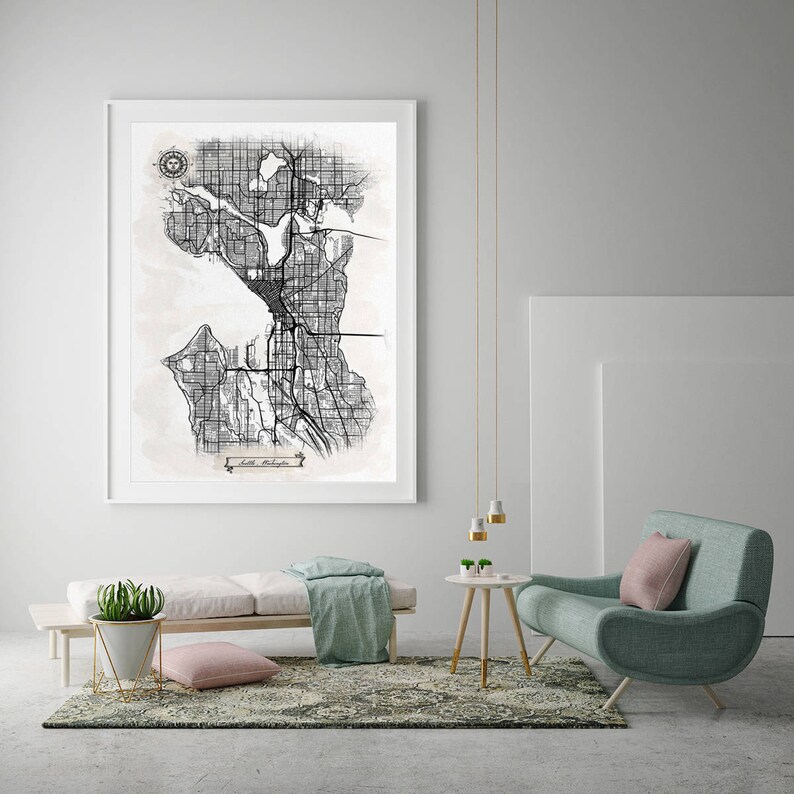 Seattle Washington Watercolor Map Art Black Ink And Light Watercolor Seattle Wa Vintage City Map Large Size Graphic Drawn Wall Art Canvas