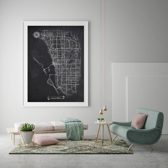Sarasota Florida Chalkboard Map Art Black And White Sarasota Etsy