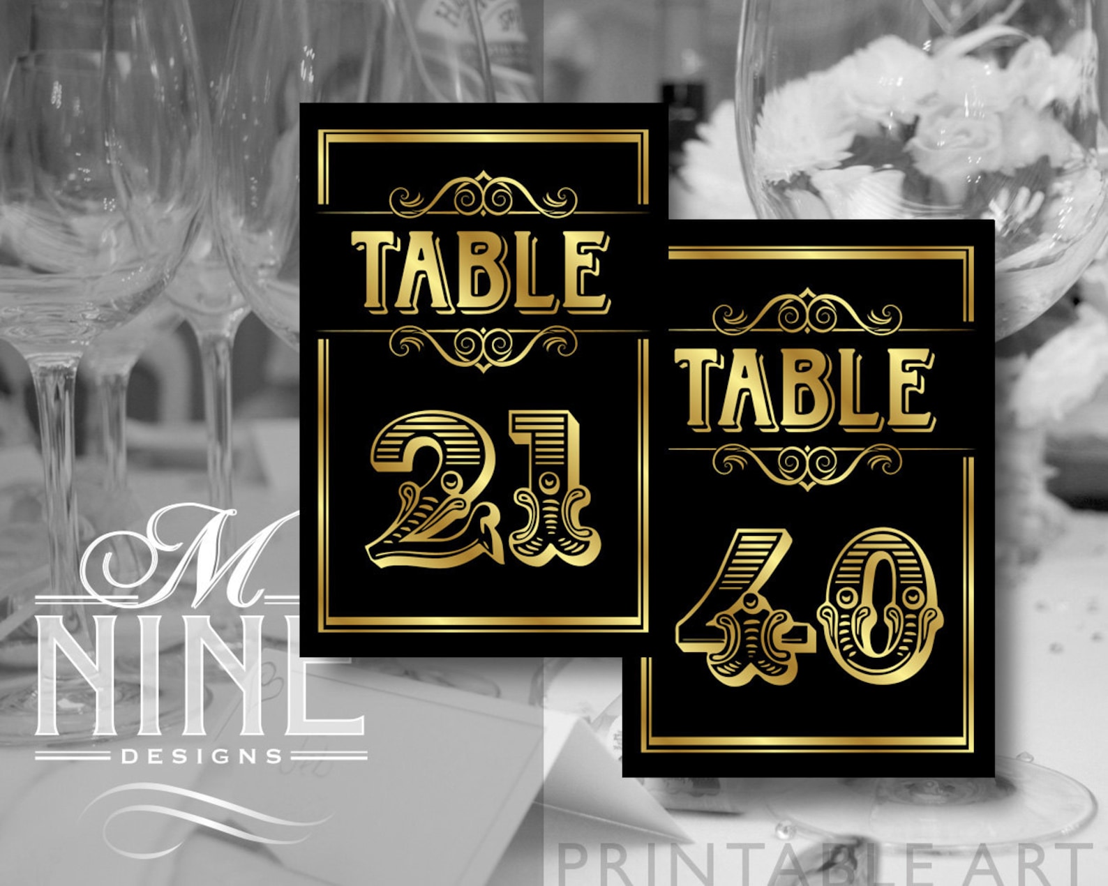 Black and Gold Printable TABLE NUMBERS 2140 Vintage Party Etsy