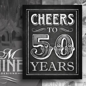 Chalkboard Printable Art &quot;Cheers to 50 Years&quot; Sign Download, 50th Party Sign, Chalk Party Signs BWC45
