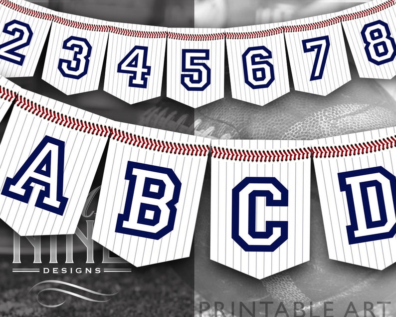 May include: A printable baseball-themed banner with white flags and blue letters. The flags have a white and blue striped pattern. The letters spell out "ABC 2345678D".