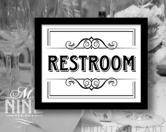 Restroom Sign Download, Vintage Wedding Party Sign Printable, Roaring 20's Wedding Party Decorations, Instant Download BW28