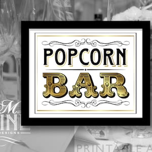 Vintage Gold Party Printable Bar Sign &quot;POPCORN BAR&quot; Sign Vintage Party Signs, Party Download, Wedding Signs, Popcorn Party BWG34