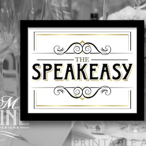 Gold Party Printable Sign &quot;THE SPEAKEASY&quot; Bar Sign Vintage Party Signs, Party Download, Wedding Signs, Speakeasy Party BWG31
