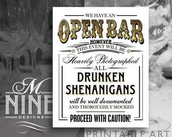 Gold Wedding Sign Printables | OPEN BAR Drunk Shenanigans Sign Downloads | DIY Vintage Party Signs | Great Gatsby BWG103