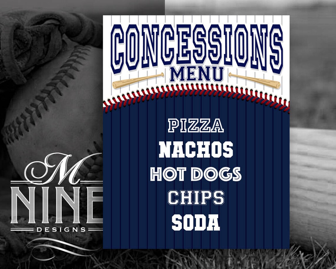 Baseball CONCESSIONS MENU Sign Printables Custom Party Sign Etsy