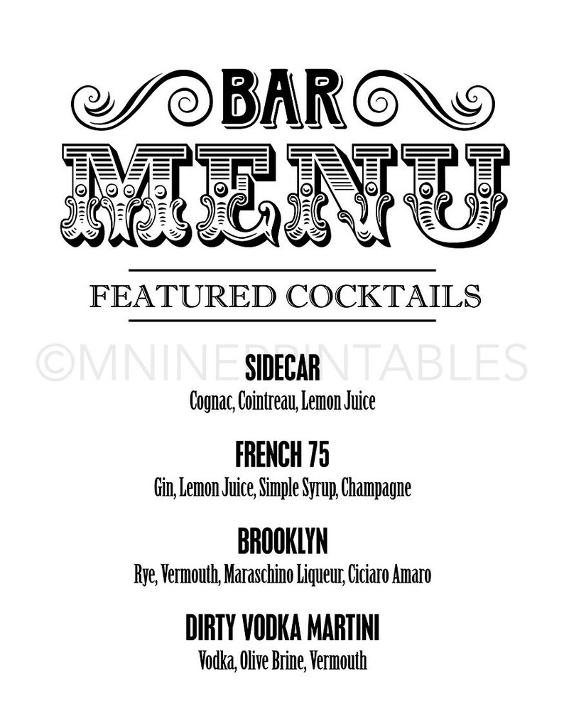 Custom BAR Menu Printable Sign Custom Wedding Sign Wedding D\u00e9cor BW26 Vintage Bar Print Party Signs Printable Bar Sign Download