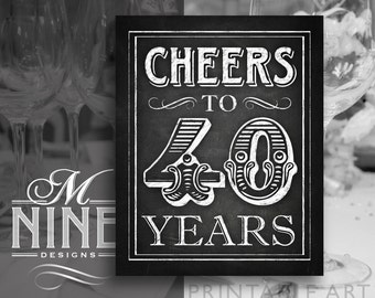 Chalkboard Printable Art "Cheers to 40 Years" Sign Download, 40th Birthday Party Sign, Chalk Party Sign BWC44