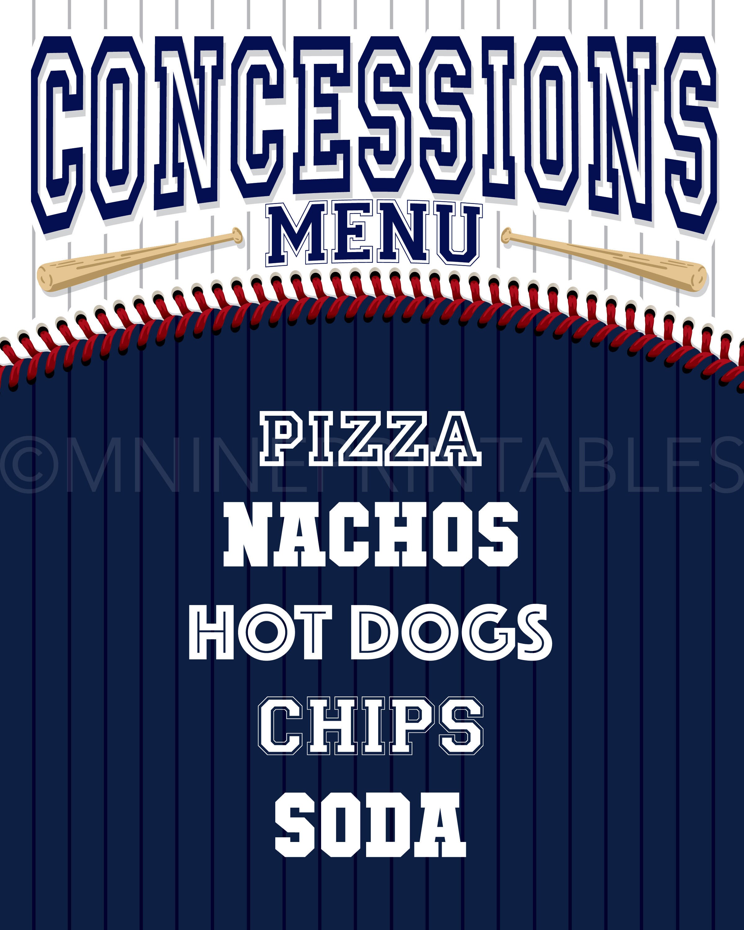 Baseball CONCESSIONS MENU Sign Printables Custom Party Sign Etsy