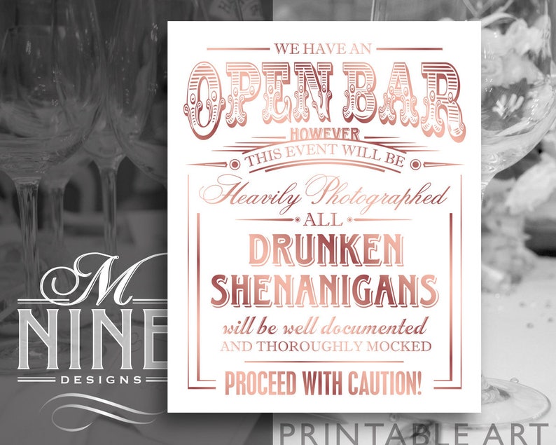 Rose Gold Wedding Sign Printables OPEN BAR Drunk Shenanigans Etsy