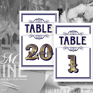 Vintage Navy and Gold Printable TABLE NUMBERS 1-20 Vintage Party Download Table Number Signs, Party Decor, Vintage Wedding Décor BWNG38