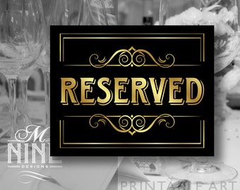 Black and Gold Party Printable Sign "RESERVED" Vintage Party Signs, Printable Party Download, Wedding Welcome Sign BWBG29