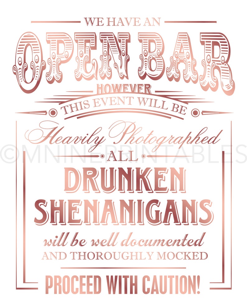 Rose Gold Wedding Sign Printables OPEN BAR Drunk Shenanigans Etsy
