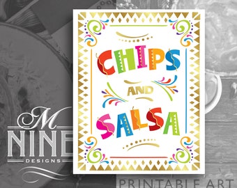 Fiesta Party | CHIPS AND SALSA Sign Printables | Fiesta Sign Downloads | Digital Download | Faux Gold Printable Party Signs FCW11