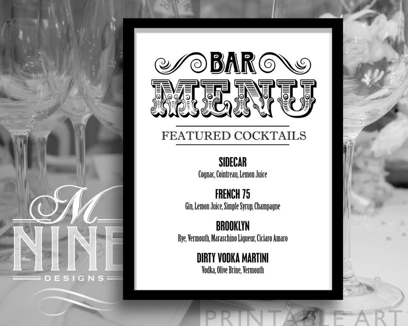 Custom BAR Menu Printable Sign Custom Wedding Sign Wedding D\u00e9cor BW26 Vintage Bar Print Party Signs Printable Bar Sign Download