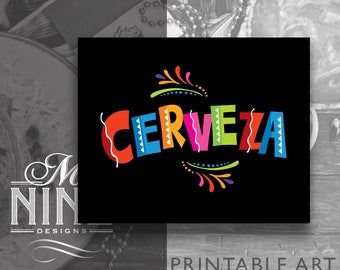 Fiesta Party Sign Downloads | CERVEZA Sign Printables | Cinco de Mayo Party Signs | Fiesta Party Beer Signs - No Border FCB26