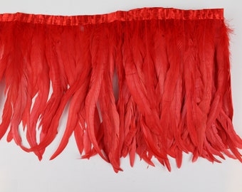 Red Color 2 Yard Long, 8-10 inch, 10-12 inch Height Rooster Coque Feather Fringe Trim, for Skirt Dress Costume Roster Feather Trim