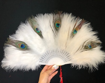 Marabou  Feather Fan, White Color With One Side Peacocks Feather Fans (with 21 staves)