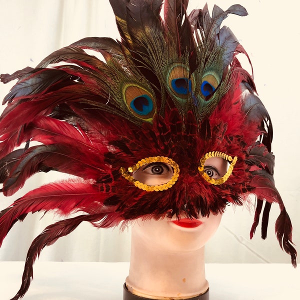 Red Halloween Venetian Masquerade Mask with Beautiful Peacock Feathers Party Mask, Dress Up, Costume,   Feather Mask - 05