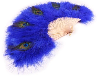 Royal Blue Color With One Side Peacocks Feather Fans, Handmade Craft Large Turkey Feather Fan