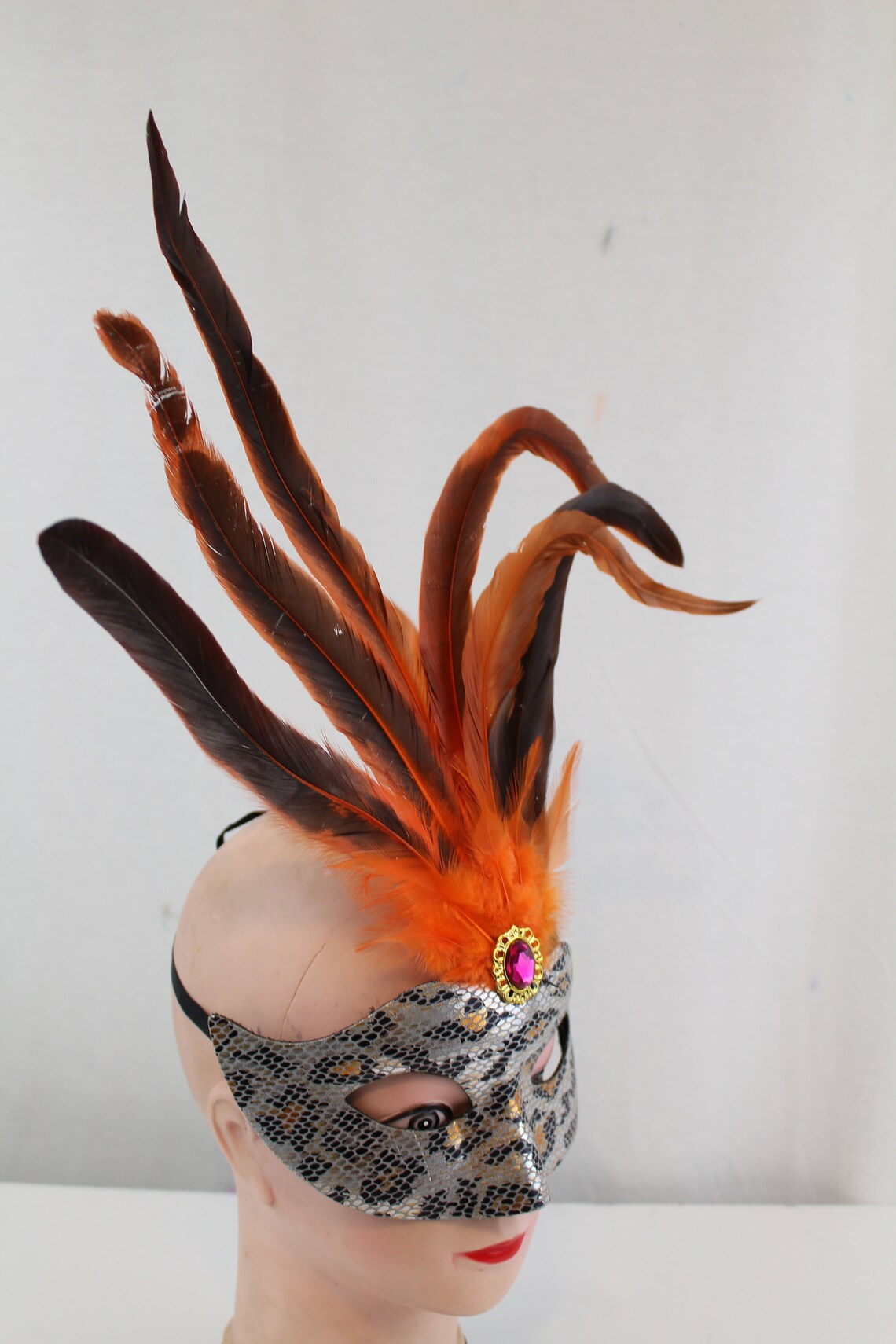Orange Handmade Masquerade Mask With Cock Feather Etsy