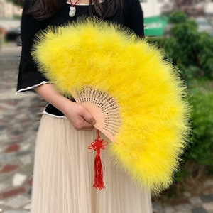 Yellow Marabou Feather Fan, Yellow Color With One Side Peacocks Feather ...