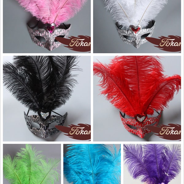 Handmade Venetian Masquerade Mask with Ostrich Feathers, Party, Prom, Halloween, Dress Up, Mardi Gras, seven colors        Feather Mask - 30