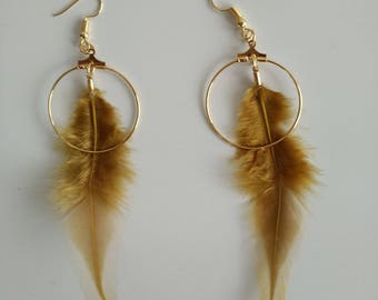 Handmade Fashion Natural Feather Earrings, Gold Yellow Earring  Feather Fashion Jewelry, wedding Earring
