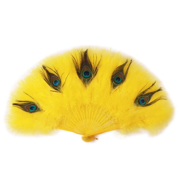 Yellow Marabou  Feather Fan, Yellow Color With One Side Peacocks Feather Fans