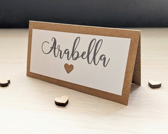 Rustic Heart Ivory Kraft Wedding Place Name Card Folded