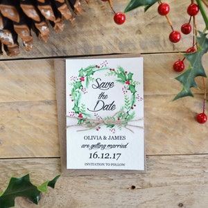 Rustic Christmas Save the Date Watercolour Wreath Twine Handmade image 2