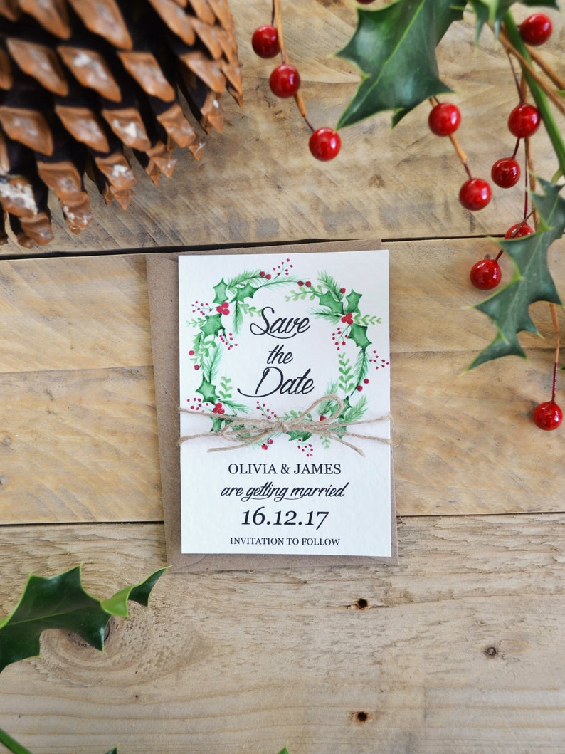 Rustic Christmas Save the Date Watercolour Wreath Twine Handmade image 2