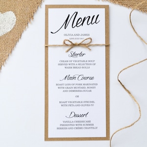 Menú de boda rústica / Paquete de 10 o más / Twine Kraft Country Wedding