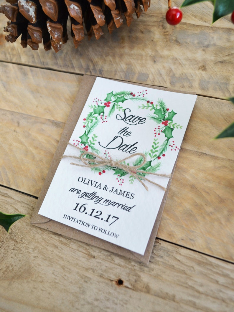 Rustic Christmas Save the Date Watercolour Wreath Twine Handmade image 1