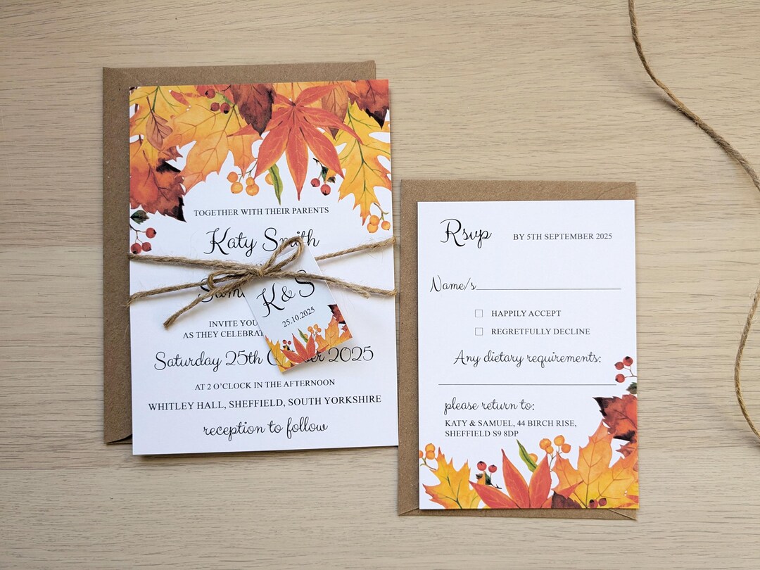 Autumn Fall Leaves Rustic Wedding Invitation - Handmade Wedding ...
