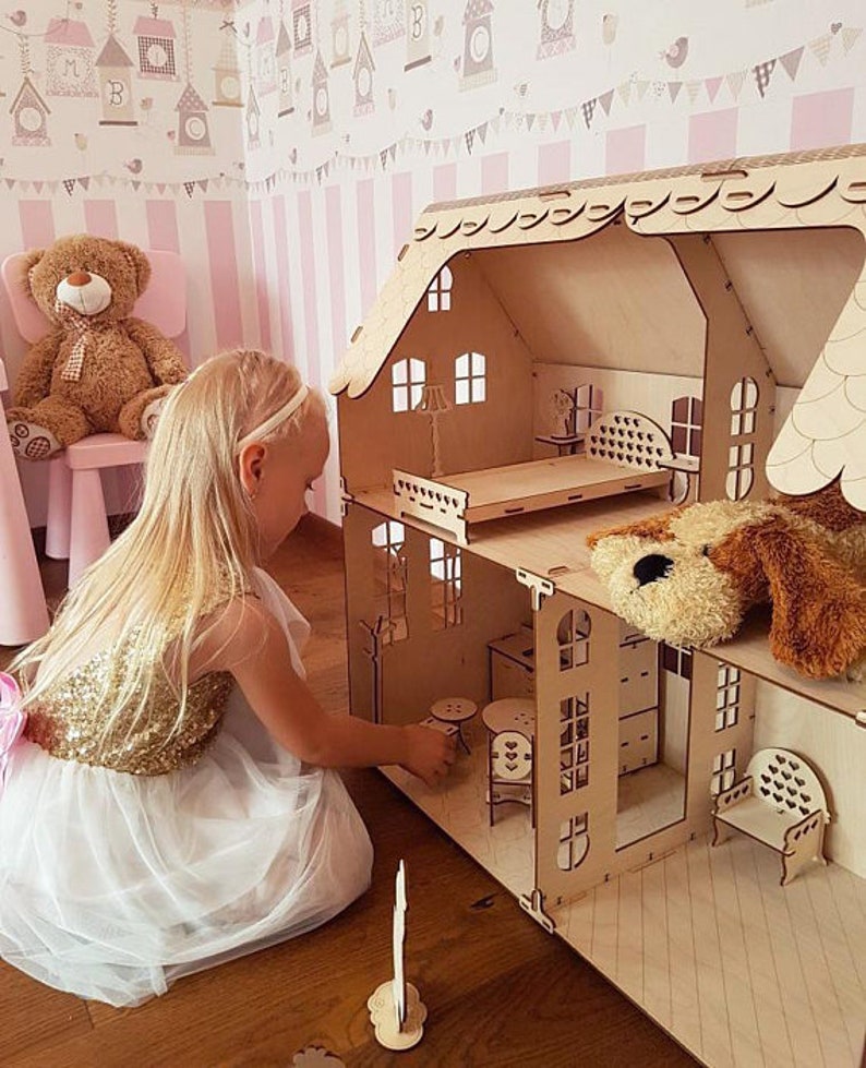 without furniture Modern Dollhouse waldorf dolhouse Girls doll house DIY unassambled handmade wood toys playhouse Wood doll house