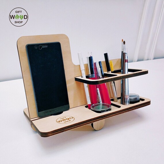 Wooden phone office stand desk organizer with pen holder Etsy