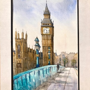 Big Ben from Westminster Bridge, London England, original watercolour wall art, not a print, artist signed, handcrafted, medium painting