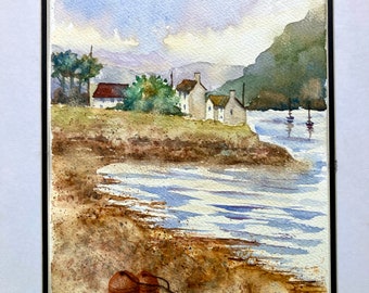 dipinto originale ad acquerello della costa scozzese, paesaggio della Scozia, ritratto di casa, paesaggio montano, Highlands scozzesi, laghi