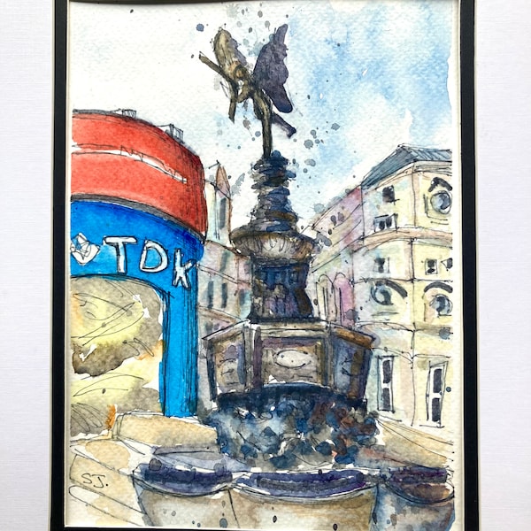 Original A5 watercolour of Piccadilly Circus, landscape of London, cityscape, travel art UK