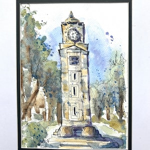 Original A5 watercolour of clock tower in Stanley Park, Blackpool, Lancashire/ travel art/ UK