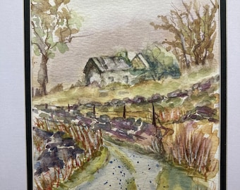 Watercolour of stone cottage in rural Ireland. Landscape of abandoned cottage.  Paintings of Ireland.