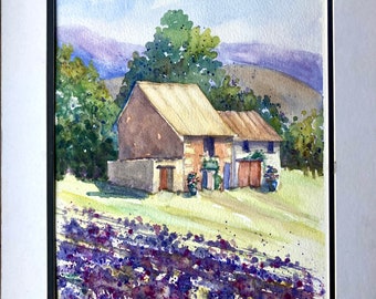 Aquarellgemälde einer französischen Lavendelfarm, vom Künstler signierte Landschaft Frankreichs, Hausporträt, einzigartiges handgemachtes Geschenk, Originalkunstwerk,