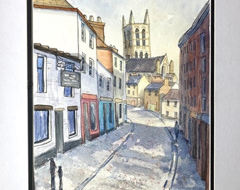 Original A4 Watercolour of Steep Hill in Lincoln, Lincolnshire, England. Urban sketching, travel art/ UK