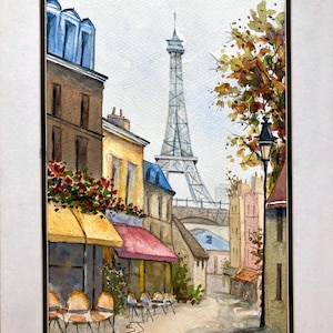 A walk under the Eiffel Tower, Paris street scene, original fine art watercolour, French landscape, cityscape wall art, artist signed, A4.