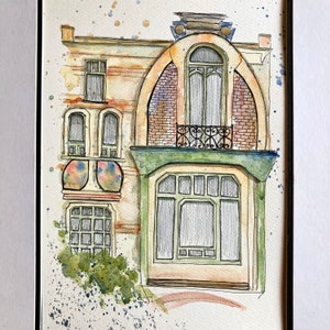 Art Deco House in Brussels, original watercolour painting,Belgium, not a print, House portrait, handmade gift, Art Nuevo, signed by artist.